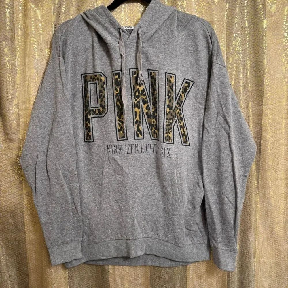 PINK Victorias Secret Gray Cheetah Logo Boyfriend Hoodie HTF Small